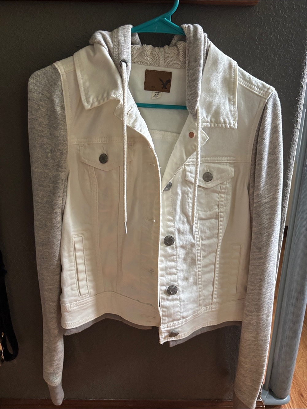 American Eagle Outfitters White Denim Jacket with Light Gray Hoodie Sleeves